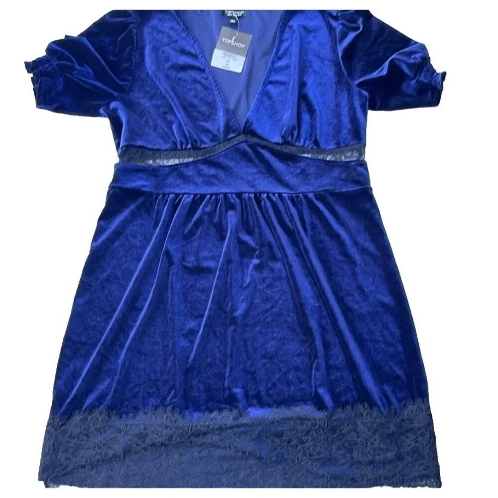 Topshop Women Velvet Lace Trim Short Sleeve Mini Dress Size 10 US - Picture 7 of 13